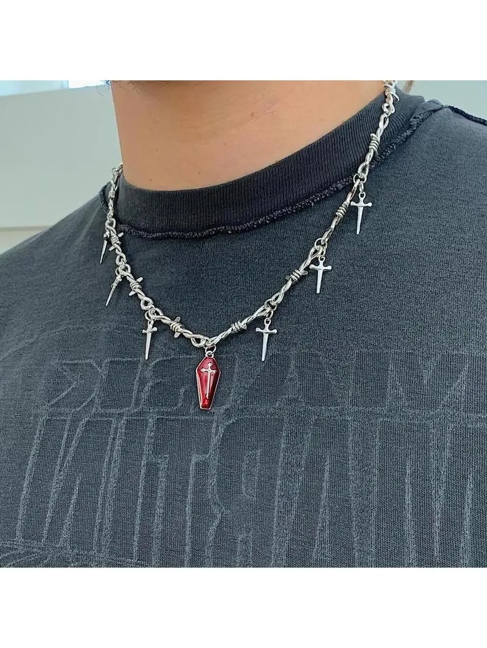 Y2k 2000s punk barbed wire knife cross red coffin pendant emo grunge style